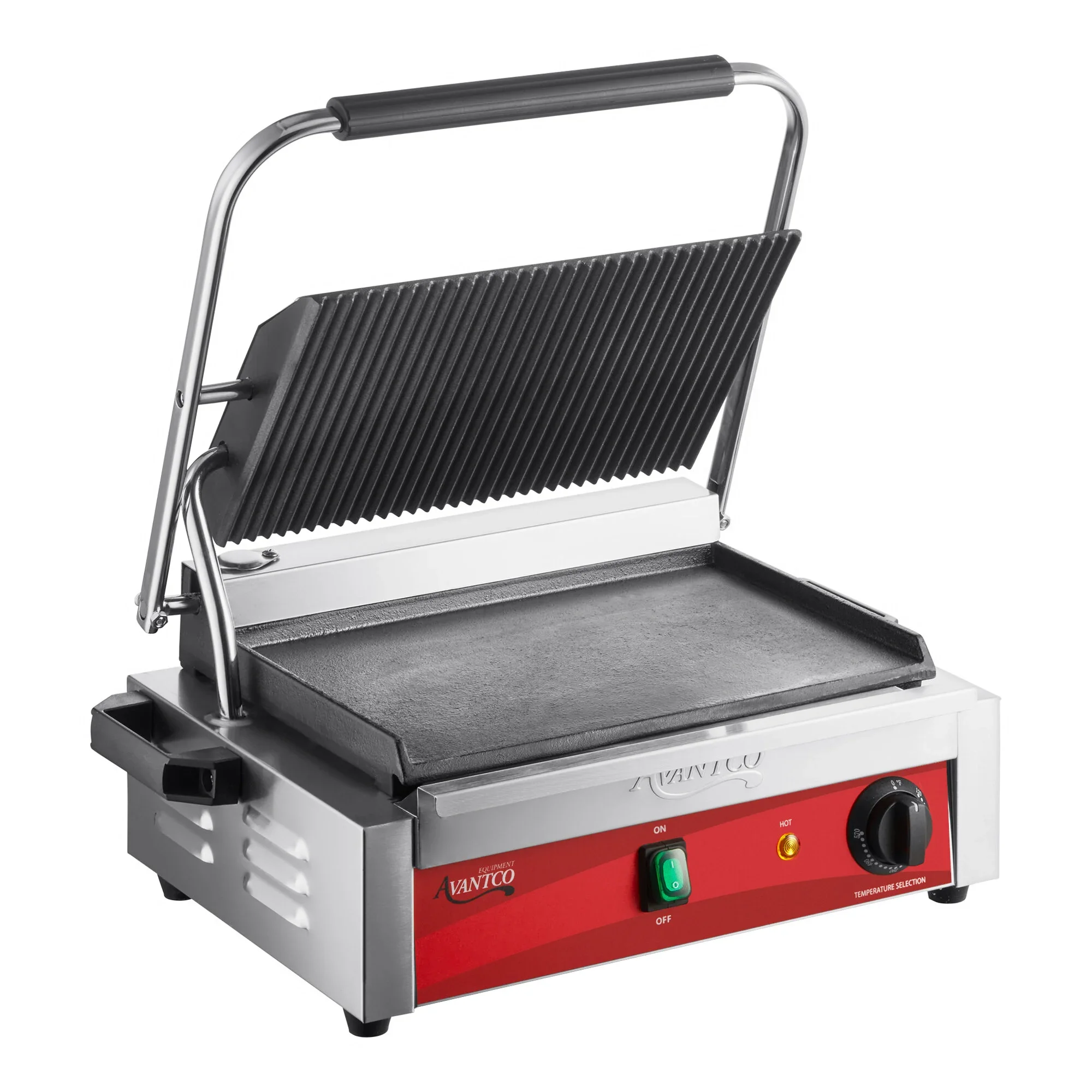 GRILL COMERCIAL PARA SANDWICHES PANINI CON PLACA SUPERIOR RANURADA Y BASE LISA / SUPERFICIE DE COCCION DE 34,5 X 21,5 CM AVANTCO PG200GS