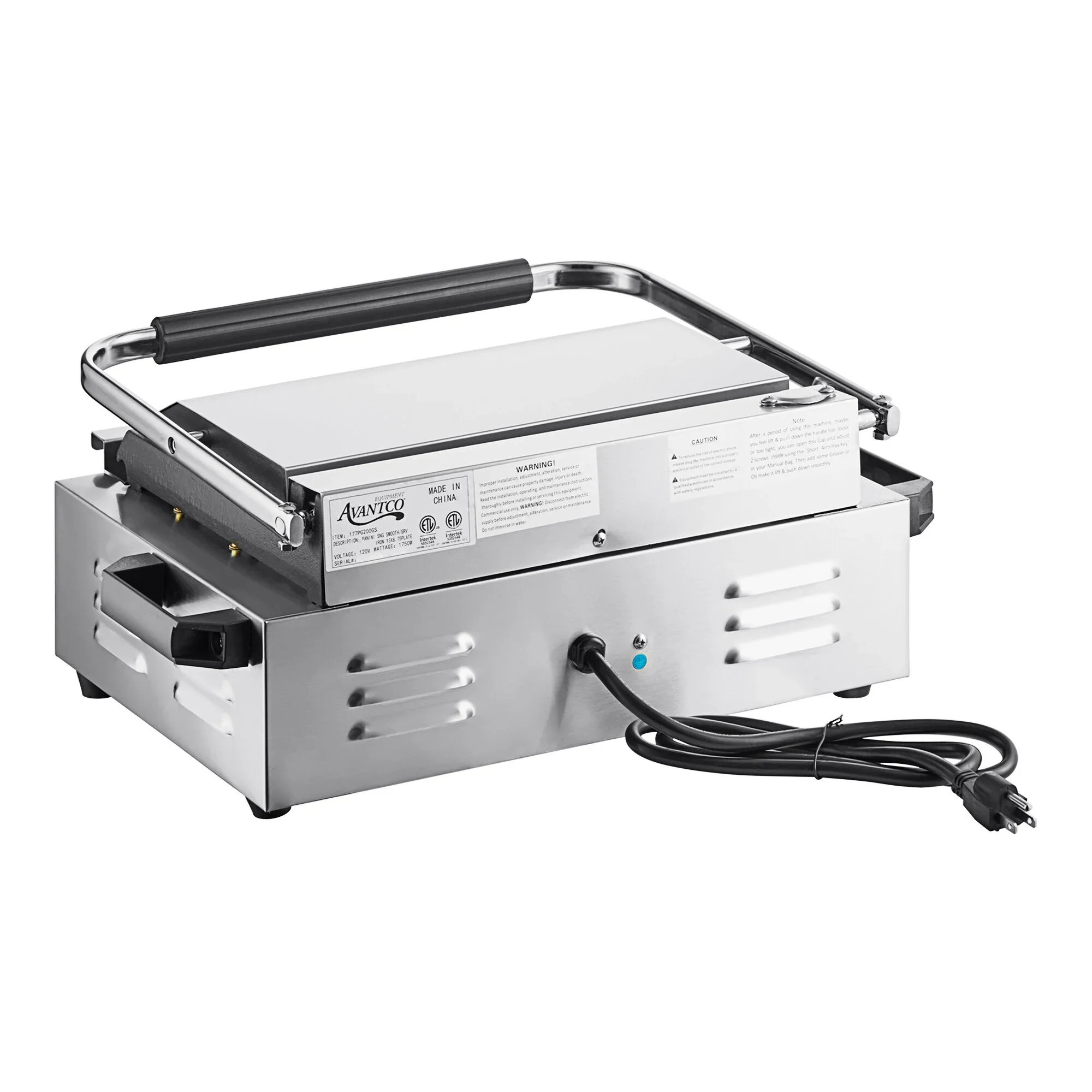 GRILL COMERCIAL PARA SANDWICHES PANINI CON PLACA SUPERIOR RANURADA Y BASE LISA / SUPERFICIE DE COCCION DE 34,5 X 21,5 CM AVANTCO PG200GS
