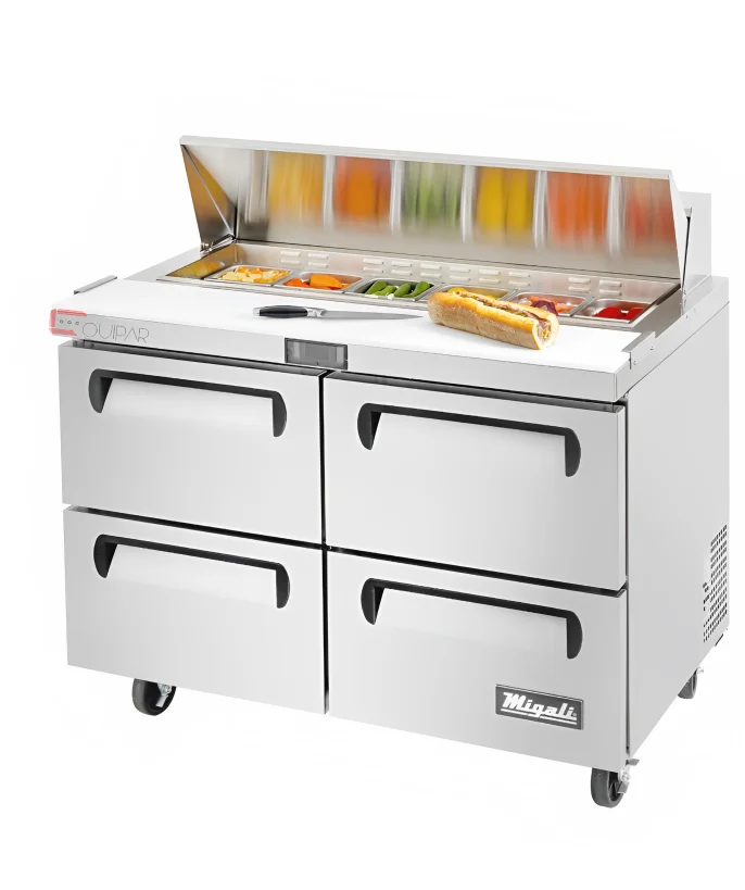 MESA DE PREPARACION PARA SANDWICHES Y ENSALADAS 48" - 12 FT³  / 4 CAJONES. MIGALI C-SP48-12-D-HC