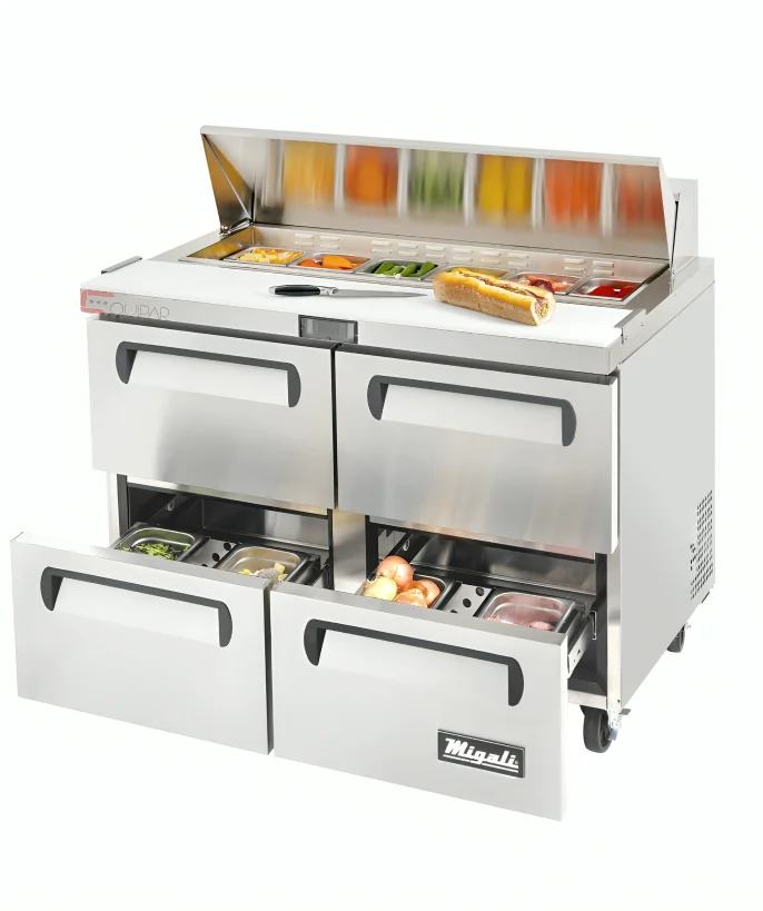 MESA DE PREPARACION PARA SANDWICHES Y ENSALADAS 48" - 12 FT³  / 4 CAJONES. MIGALI C-SP48-12-D-HC