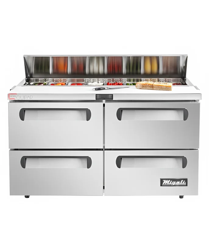 MESA DE PREPARACION PARA SANDWICHES Y ENSALADAS 60" - 18.2 FT³  / 4 CAJONES. MIGALI C-SP60-16-D-HC