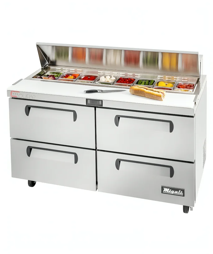 MESA DE PREPARACION PARA SANDWICHES Y ENSALADAS 60" - 18.2 FT³  / 4 CAJONES. MIGALI C-SP60-16-D-HC
