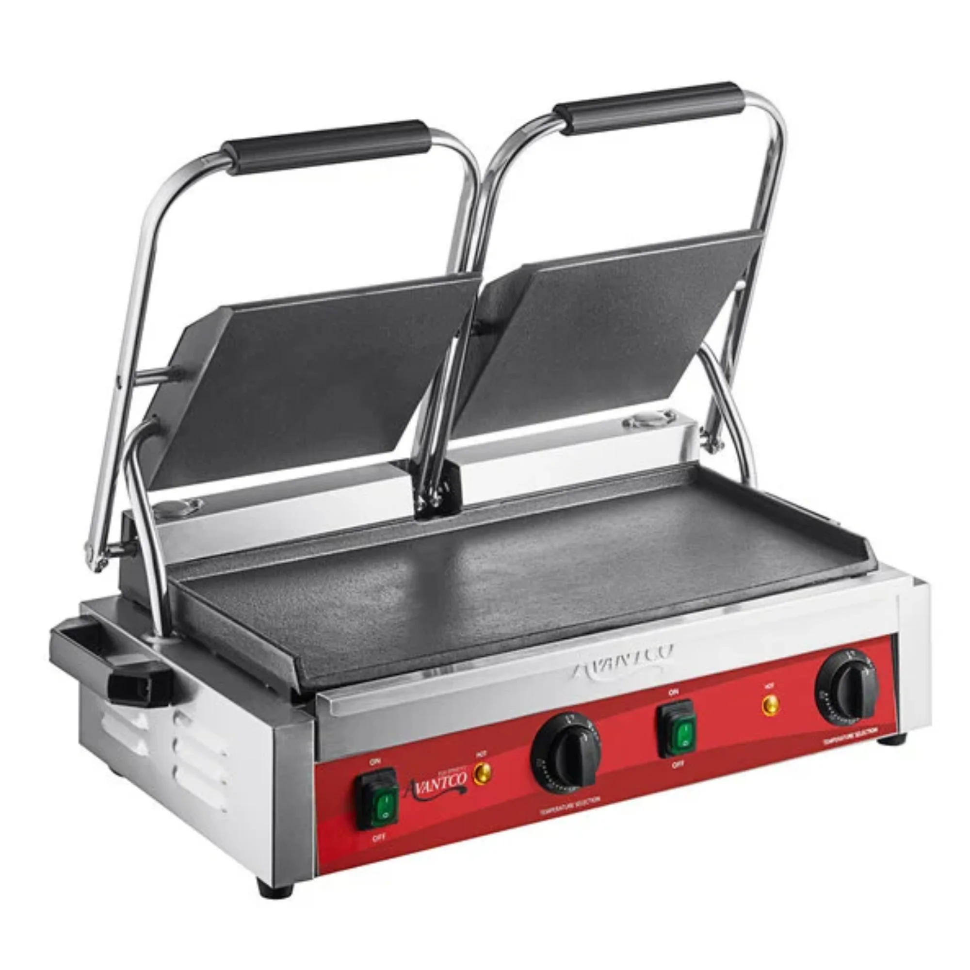 PARRILLA COMERCIAL DOBLE PARA SANDWICHES PANINI CON PLACAS LISAS Y  - 120 V, 3500 W AVANTCO PG400S